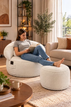 Reyo Pufymax Cozy Legom Çok Amaçlı Yuvarlak Puf Koltuk, Rahat Berjer ve Uzanma Koltuğu Beyaz