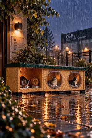 Reyo Narım Sokak Kedileri İçin Kedi Evi, Kedi Mama ve Su Kabı Standı 2'li Ahşap Yağmur Geçirmez 