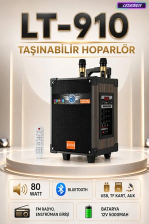 Lt-910 80 Watt Şarjlı Çift Mikrofonlu Taşınabilir Karaoke Sistemi & Amfi Hoparlör