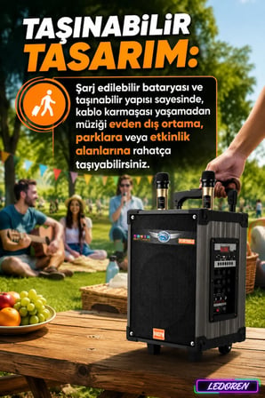 Lt-910 80 Watt Şarjlı Çift Mikrofonlu Taşınabilir Karaoke Sistemi & Amfi Hoparlör