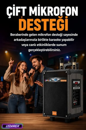 Lt-910 80 Watt Şarjlı Çift Mikrofonlu Taşınabilir Karaoke Sistemi & Amfi Hoparlör
