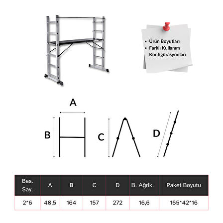 2*6 164 cm Portatif Alüminyum İskele Merdiven Kombinasyonu