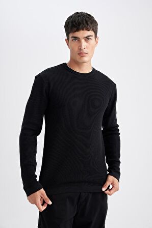 DeFacto Relax Fit Bisiklet Yaka Yaka İçi Penye Detaylı Pamuklu Triko Kazak D3290AX24AUBK27