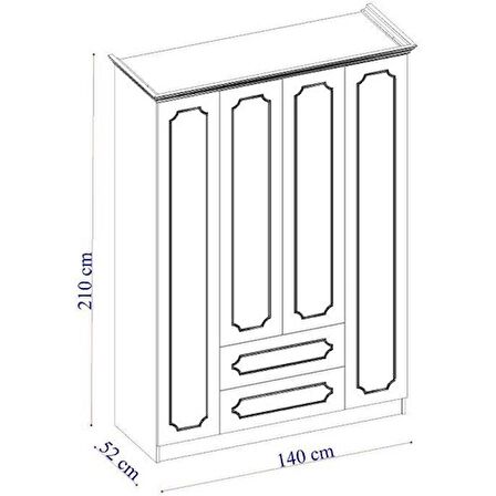 İPEK MOBİLYA DOLAP 4 KAPILI 2 ÇEKMECELİ 140cm