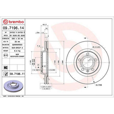 ON FREN DISKI-280X22 5×112 (VW PASSAT 97-00  AUDI A4 95-08  SEAT EXEO 09-14)