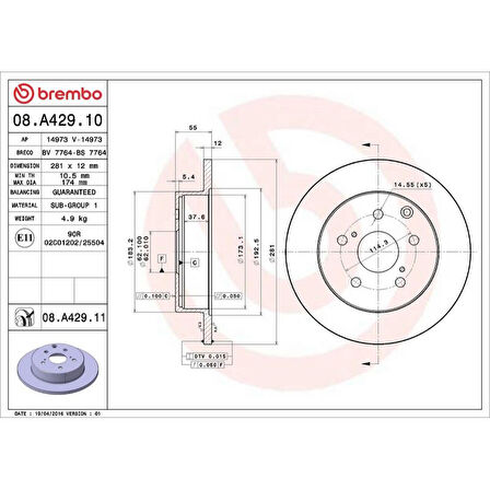 FREN DISK ARKA DUZ 281-5(TOYOTA RAV4 06/11  /RAV4 13-// )