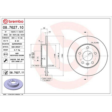 FREN DISKI ARKA DUZ 263.8 MM ( OPEL   ASTRA G / ASTRA H-- ZAFIRA )5 BIJON STANDARD