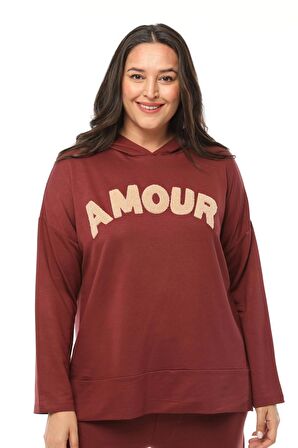 Kadın Büyük Beden Kapüşonlu Amour Yazılı Bordo Eşofman Takımı