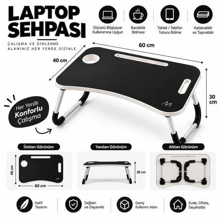 MUITOMAS KATLANABİLİR BARDAKLIKLI LAPTOP MASASI SİYAH