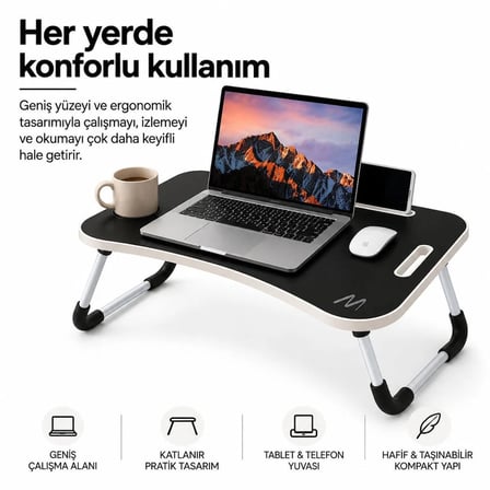 MUITOMAS KATLANABİLİR BARDAKLIKLI LAPTOP MASASI SİYAH