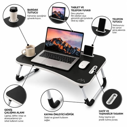 MUITOMAS KATLANABİLİR BARDAKLIKLI LAPTOP MASASI SİYAH