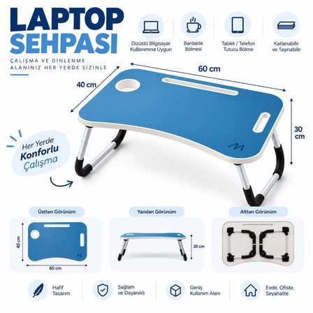 MUITOMAS KATLANABİLİR BARDAKLIKLI LAPTOP MASASI MAVİ