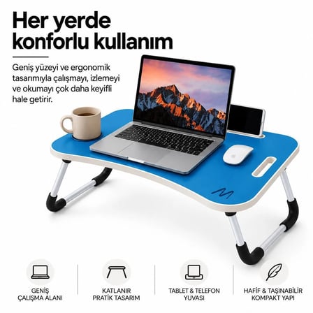 MUITOMAS KATLANABİLİR BARDAKLIKLI LAPTOP MASASI MAVİ