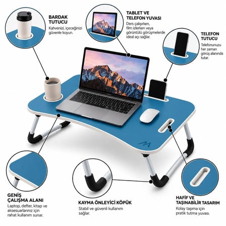 MUITOMAS KATLANABİLİR BARDAKLIKLI LAPTOP MASASI MAVİ