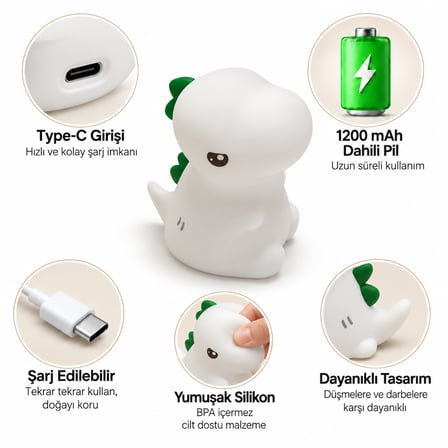 MUITOMAS DİNAZOR FİGÜRÜ SLİKON GECE LAMBASI USB-C