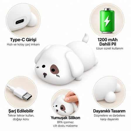 MUITOMAS KÖPEK FİGÜRÜ SLİKON  GECELAMBASI USB-C