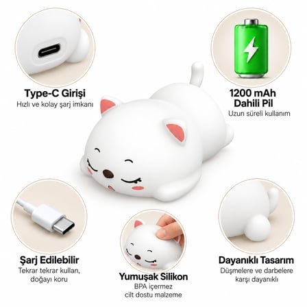 MUITOMAS KEDİ FİGÜRÜ SLİKON  GECE LAMBASI USB-C