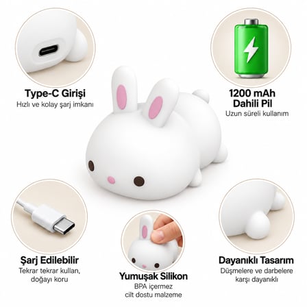 MUITOMAS TAVŞAN FİGÜRÜ SİLİKON GECE LAMBASI USB-C
