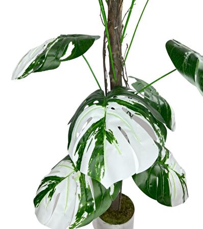 Yapay Ağaç Beyaz Monstera 18 Dallı Çalılı Gövde 120x60cm Gümüş Aleminyum Saksıda