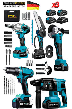 Süper 5'li Mega Multi Kömürsüz Set x3 Akülü Taşlama Somun Sıkma Kırıcı Delici & Dal Budama Testere
