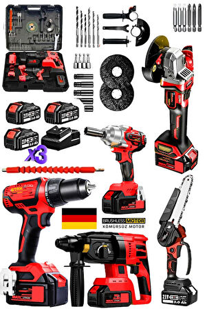 Kömürsüz Motor Şarjlı Matkap Taşlama Dal Budama Testeresi Somun Sıkma Kırıcı Delici 5li Ultra Set