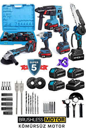 Kömürsüz Seri 5’li Güç Seti + 20 Aksesuar | Akülü Budama, Matkap, Kırıcı, Taşlama, Somun Sökme