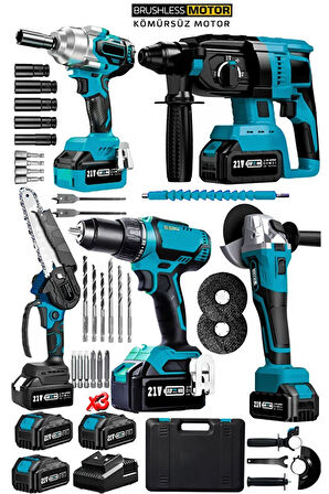 Kömürsüz Seri 5’li Güç Seti + 20 Aksesuar | Akülü Budama, Matkap, Kırıcı, Taşlama, Somun Sökme