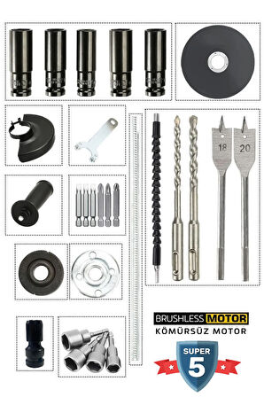Kömürsüz Seri 5’li Güç Seti + 20 Aksesuar | Akülü Budama, Matkap, Kırıcı, Taşlama, Somun Sökme