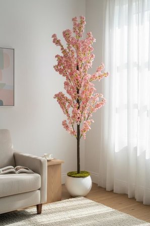 Yapay Ağaç Bahardalı Ağacı Beyaz Küre Saksıda Japon Kiraz Çiçeği Pembe Açık Renkli 170*60cm