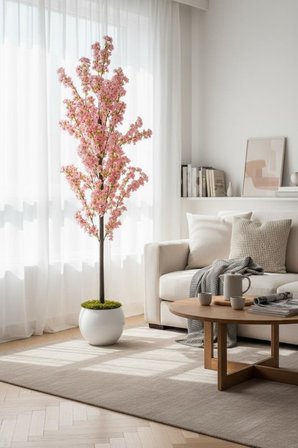 Yapay Ağaç Bahardalı Ağacı Beyaz Küre Saksıda Japon Kiraz Çiçeği Pembe Açık Renkli 170*60cm