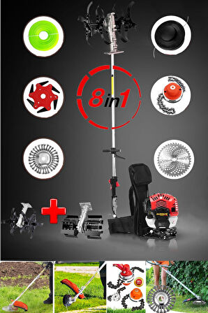 Full Set 8 Başlıklı Arazi Seti Benzinli Sırt Tipi Tırpan Ot Çalı Çim Kenar Biçme Tırpanı Çapalama