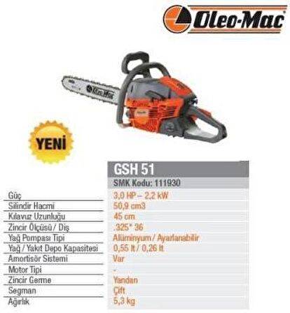 Oleo-Mac GSH 51 Benzinli Ağaç Kesme Makinesi