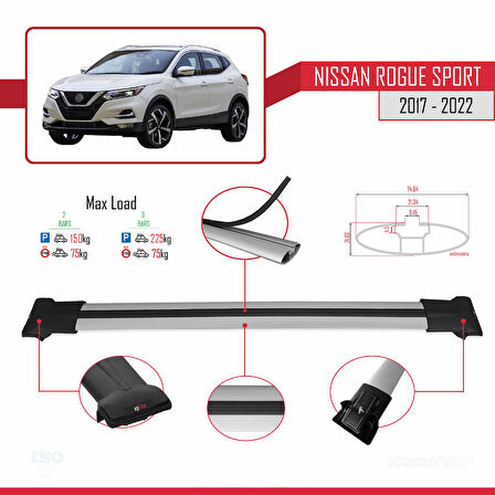 Nissan Rogue Sport 2017-2022 Arası ile Uyumlu FLY Model Ara Atkı Tavan Barı Gri 2 Adet