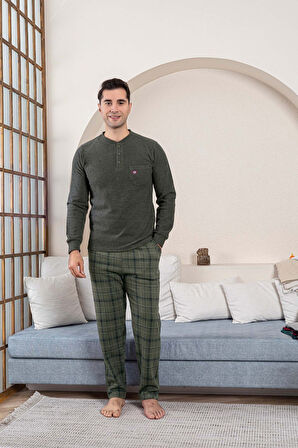 Erkek 3 Düğme Göğüs Cepli Kışlık Pamuklu Selanik Kumaş Uzun Manşetli Kol Cepli Pijama Takımı 