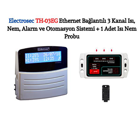 Electrosec TH-03EG Web Tabanlı 3 Kanal Isı, Nem, Alarm ve Otomasyon Sistemi + 1 Adet Isı Nem Probu +16V Adaptör