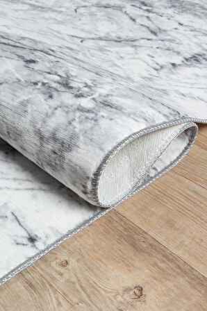 Silvia Vl Makinede Yıkanabilir Dayanıklı Kaymaz Taban Antialerjik Halı Gri-Beyaz-Siyah