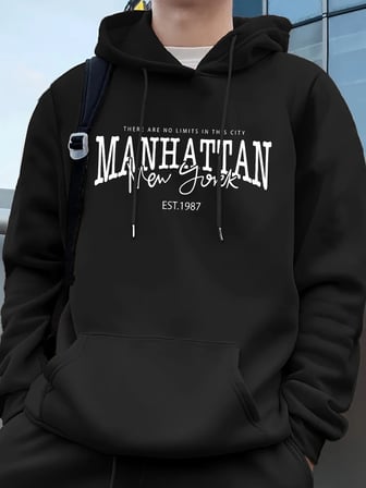 Manhattan New York Kelimeler Baskılı Erkek Kapüşonlu Üstleri Sonbahar Bol Sweatshirt Hip Hop