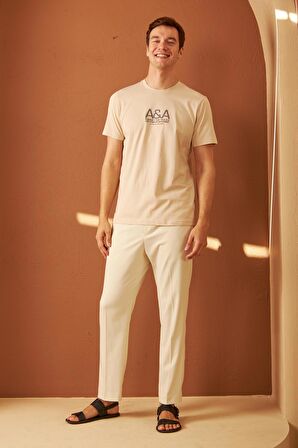 Erkek Comfort Fit Baskılı Pamuklu Tişört Bej MARS14