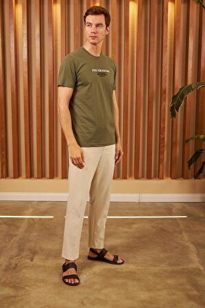 Erkek Comfort Fit Baskılı Pamuklu Tişört Haki Feel The Future MARS12