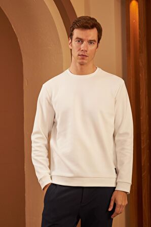 Erkek Comfort Fit Basic Düz Sweatshirt Ekru MARS26