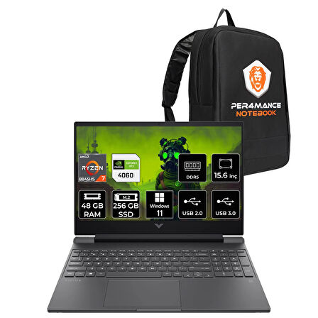 HP Victus 15 R7 8845HS 48GB DDR5 256GB SSD RTX4060/8GB 15.6'' 144Hz W11H Gaming Laptop & PER4 ÇANTA