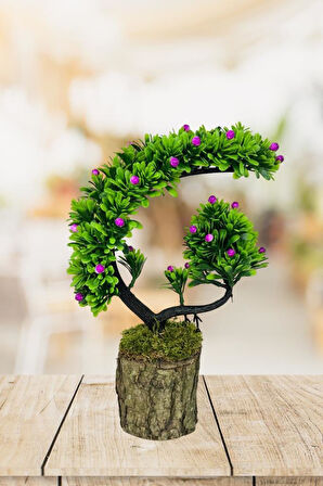 Yapay Çiçek Bonsai Ağacı Kütük Saksıda Lila Tomurcuklu Hilal Model Dekoratif Yapay Ağaç Bonzai 30*20 CM