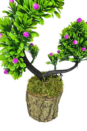 Yapay Çiçek Bonsai Ağacı Kütük Saksıda Lila Tomurcuklu Hilal Model Dekoratif Yapay Ağaç Bonzai 30*20 CM