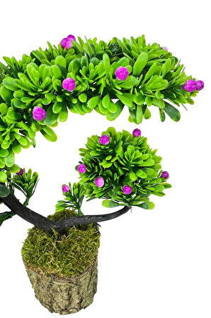 Yapay Çiçek Bonsai Ağacı Kütük Saksıda Lila Tomurcuklu Hilal Model Dekoratif Yapay Ağaç Bonzai 30*20 CM