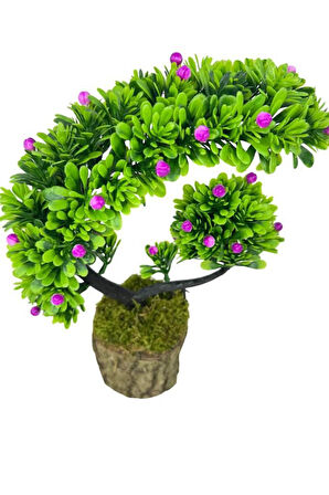 Yapay Çiçek Bonsai Ağacı Kütük Saksıda Lila Tomurcuklu Hilal Model Dekoratif Yapay Ağaç Bonzai 30*20 CM