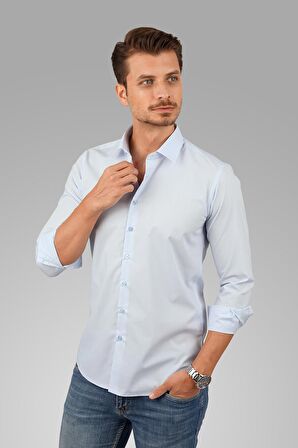 Kolay Ütülenebilir Dakron Düz Mavi Slimfit Gömlek