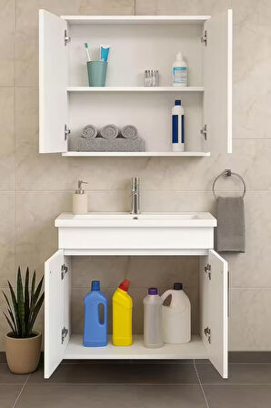 Liventa 65 cm Beyaz Renkli, Seramik Lavabolu, Mdf Banyo Dolabı Takımı