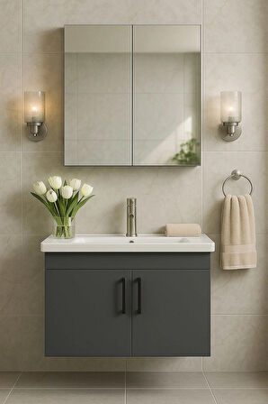 Liventa 65 cm Antrasit Renkli, Seramik Lavabolu, Mdf Banyo Dolabı Takımı