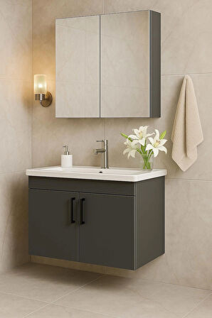 Liventa 65 cm Antrasit Renkli, Seramik Lavabolu, Mdf Banyo Dolabı Takımı