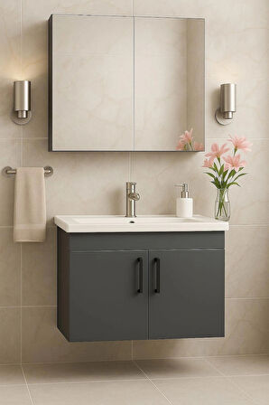 Liventa 65 cm Antrasit Renkli, Seramik Lavabolu, Mdf Banyo Dolabı Takımı